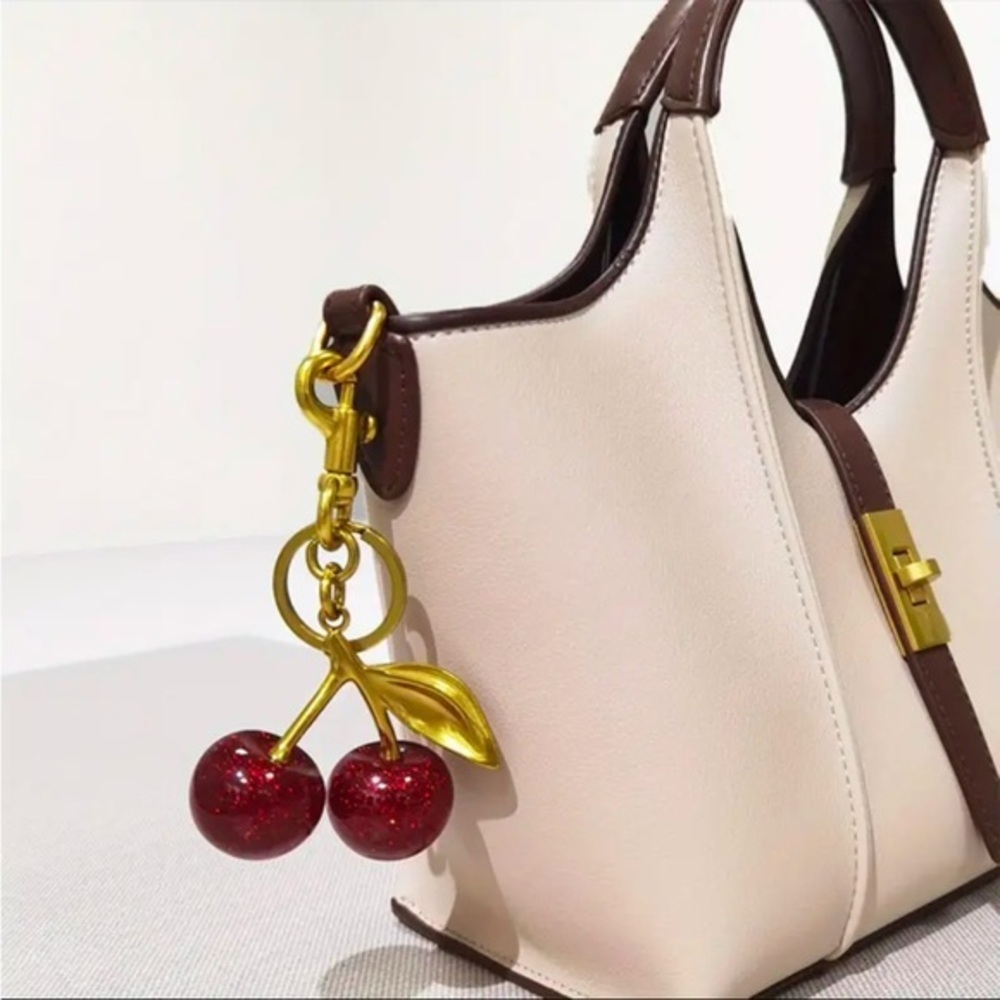 Red Cherry Bag Charm Gold Tone Purse Accessory Keychain NWT